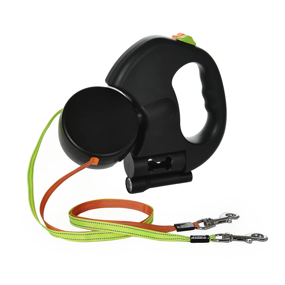 3In1 Double Head Dog Leash Flashlight Poop Bag Dispenser Dual Reflective Pet Cat Leash Automatic Extendable Puppy Traction Rope