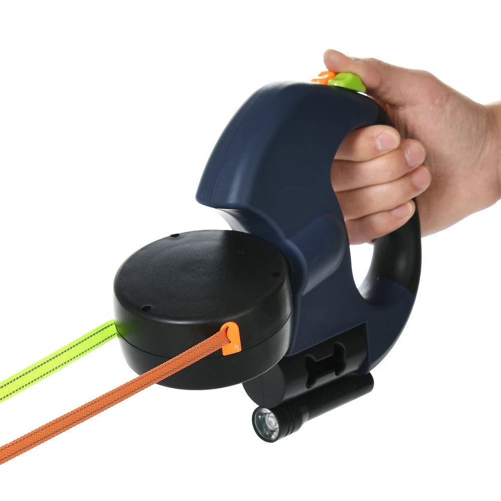 3In1 Double Head Dog Leash Flashlight Poop Bag Dispenser Dual Reflective Pet Cat Leash Automatic Extendable Puppy Traction Rope