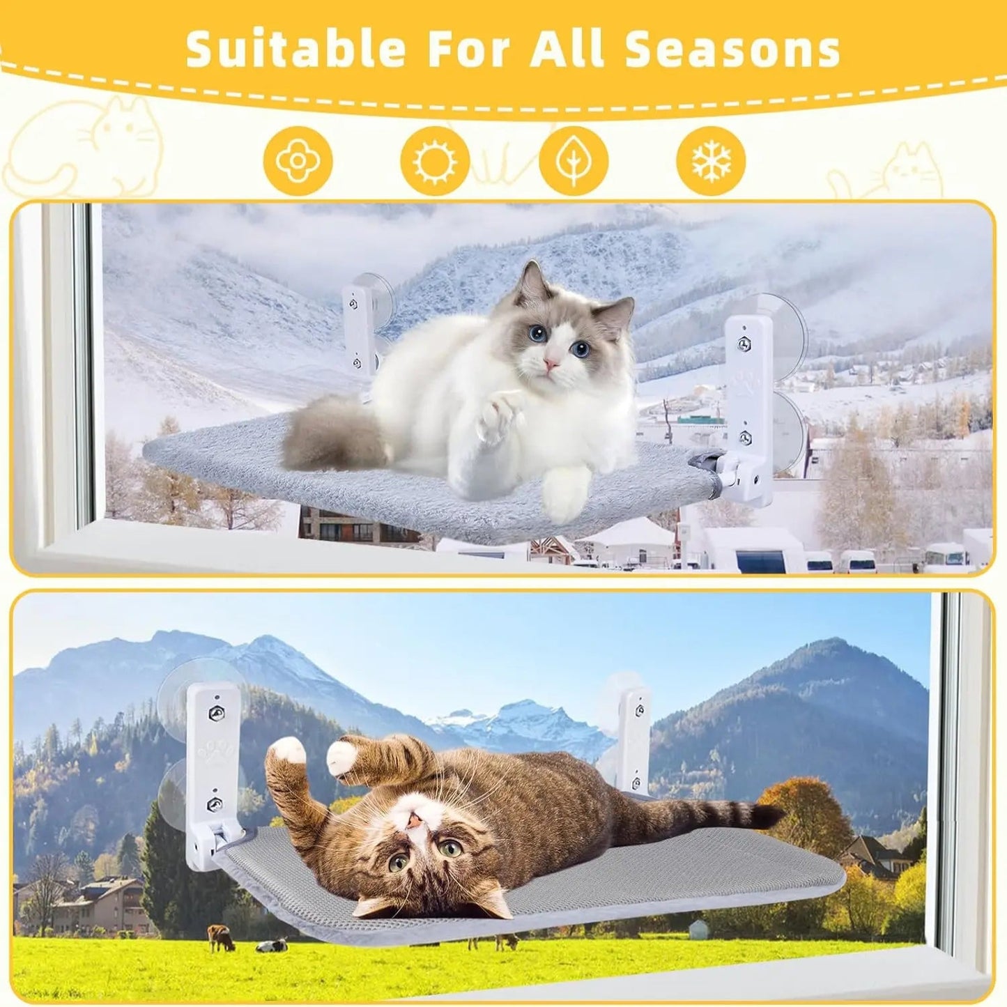 Cat Hammock with 2-In-1 Reversible Cover Suction Cup Foldable Hammock Suspended Cat Nest Bed Balcony Window Glass Cat Hammock